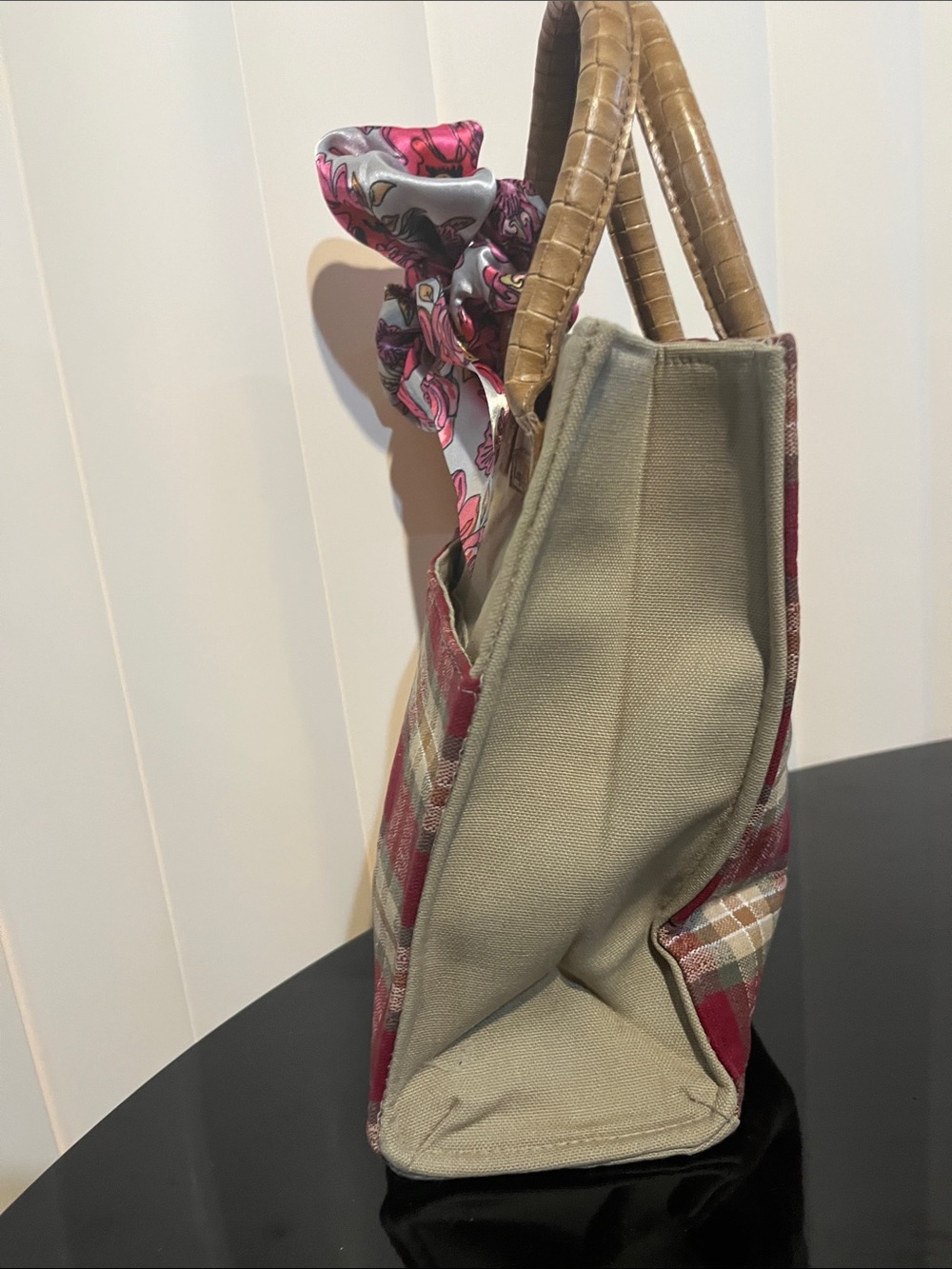 Plaid  Tote with Burgundy Plaid and Multicolor Scarf - Picture 4 of 6
